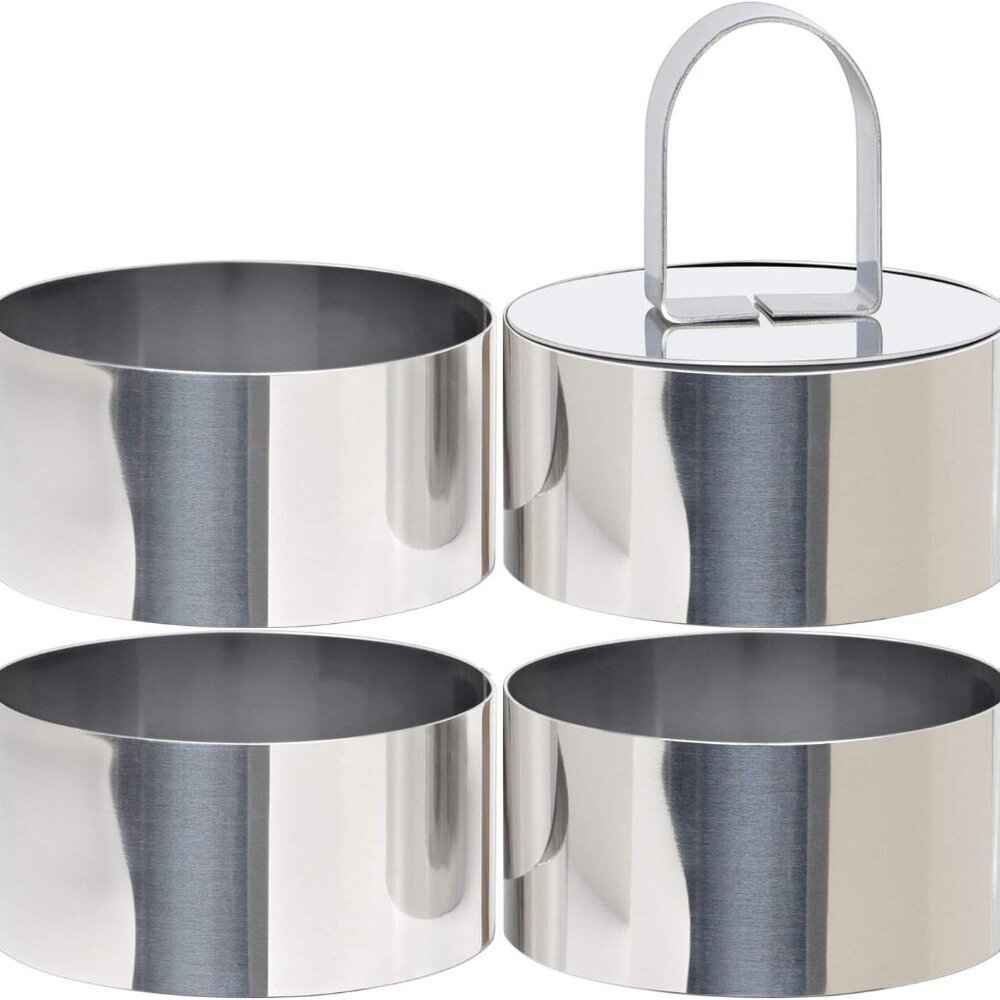 Round Cake Ring Mold, Stainless Steel 3” Cooking Crumpet Rings with 1 Pusher & 4